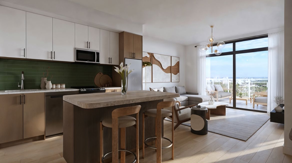 Artist's concept of a Merrydale Residences kitchen with island seating, quartz counters and an open living area