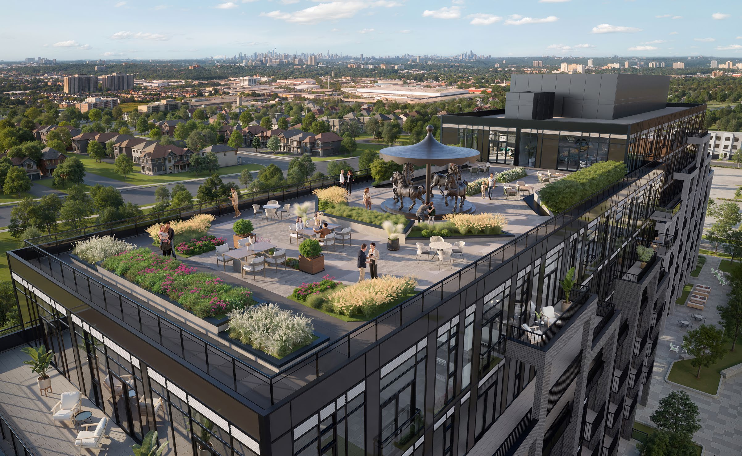 Artist's concept of the Merrydale Residences rooftop amenity terrace with planting and lounge seating