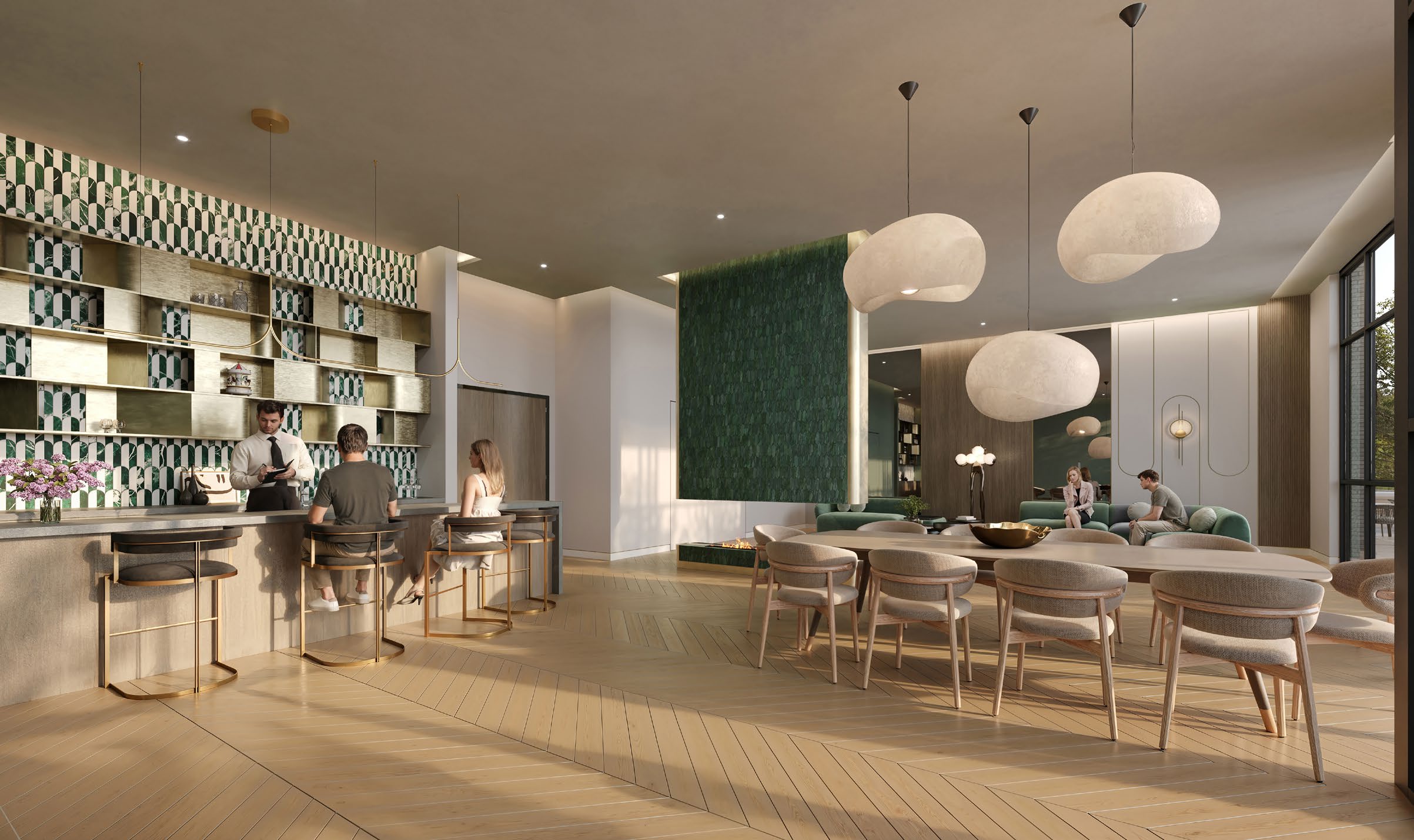 Artist's concept of the Merrydale Residences lobby lounge and party room with a bar, long dining table and fireplace